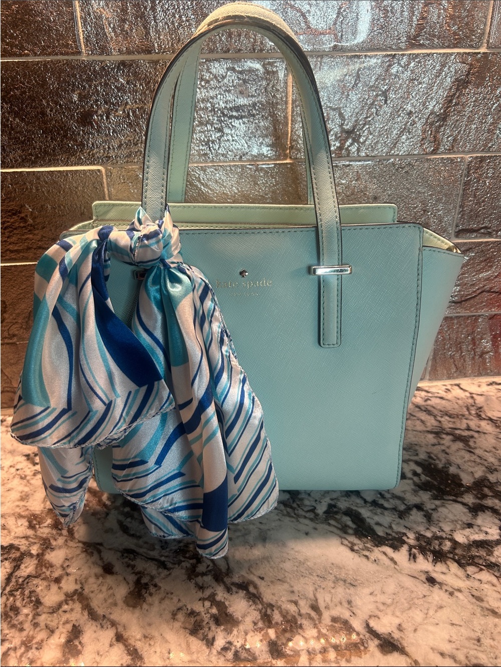 kate spade light aqua leather tote with blue-accent scarf
